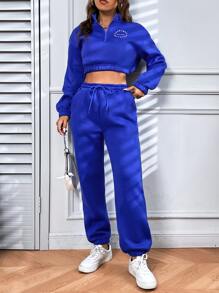 SHEIN Unity Letter Graphic Half Zipper Pullover & Joggers - Royal Blue - View 4