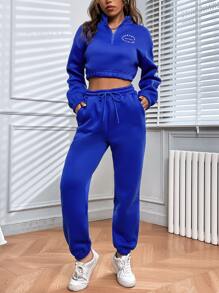 SHEIN Unity Letter Graphic Half Zipper Pullover & Joggers - Royal Blue - View 5