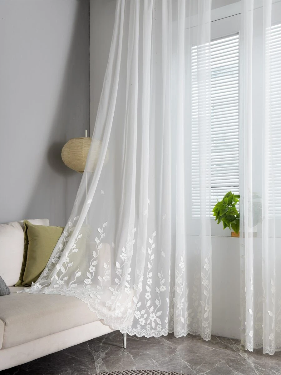 1pc Sheer White Embroidered Curtain For Home