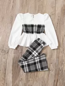 SHEIN Leap Crew Juego De Top Y Pantalón Con Dobladillo De Volante Y Pierna Acampanada Con Estampado De Cuadros Contrastantes Para Niñas De Entre 8 Y 14 Años - Blanco y Negro - Ver 2