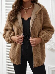 SHEIN Maternity Drop Shoulder Slant Pockets Hooded Teddy Coat - Coffee Brown - View 1