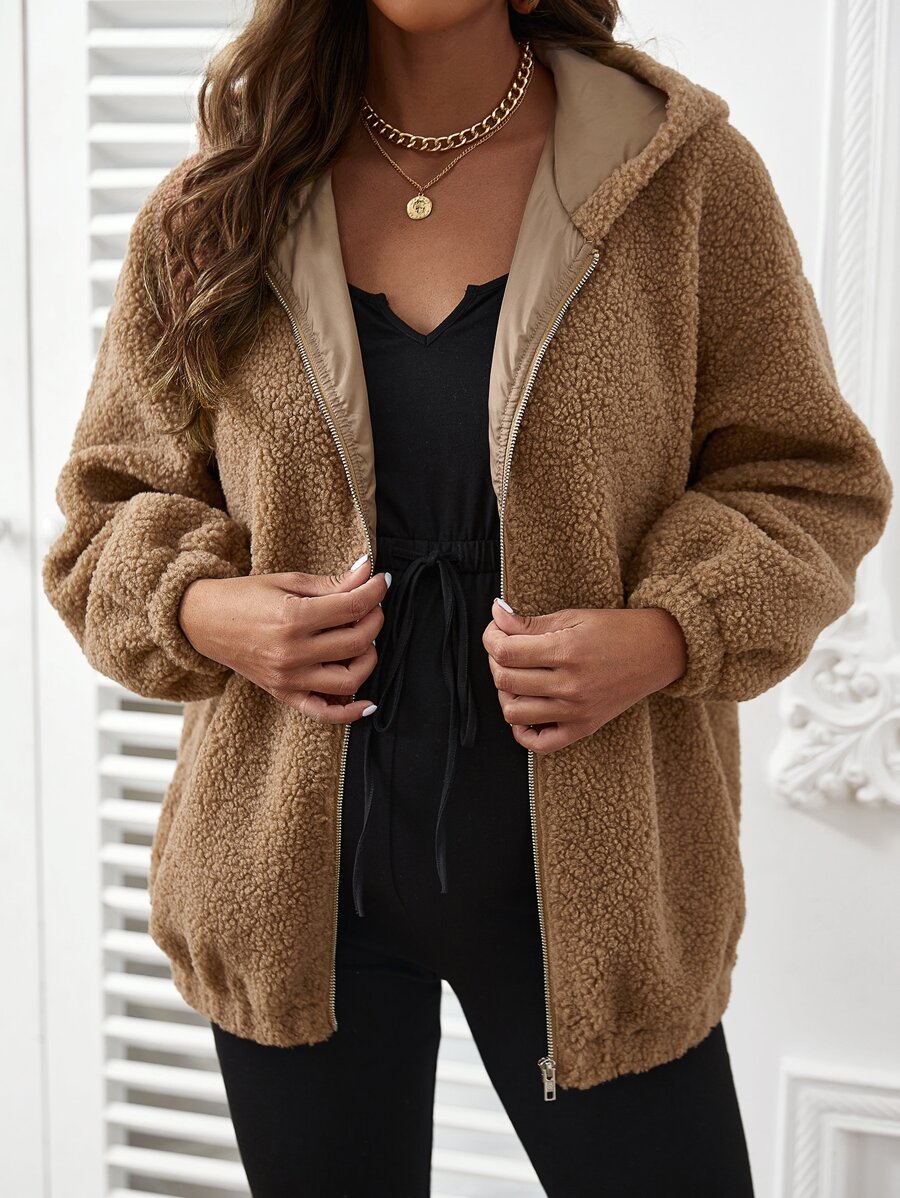 SHEIN Maternity Drop Shoulder Slant Pockets Hooded Teddy Coat - Coffee Brown - View 1