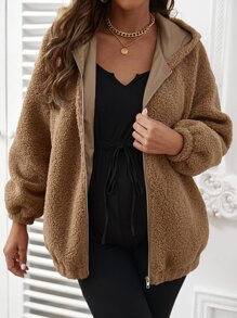 SHEIN Maternity Drop Shoulder Slant Pockets Hooded Teddy Coat - Coffee Brown - View 3