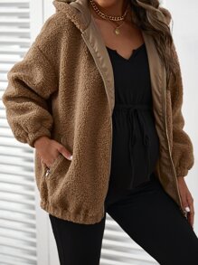 SHEIN Maternity Drop Shoulder Slant Pockets Hooded Teddy Coat - Coffee Brown - View 4