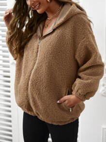 SHEIN Maternity Drop Shoulder Slant Pockets Hooded Teddy Coat - Coffee Brown - View 5