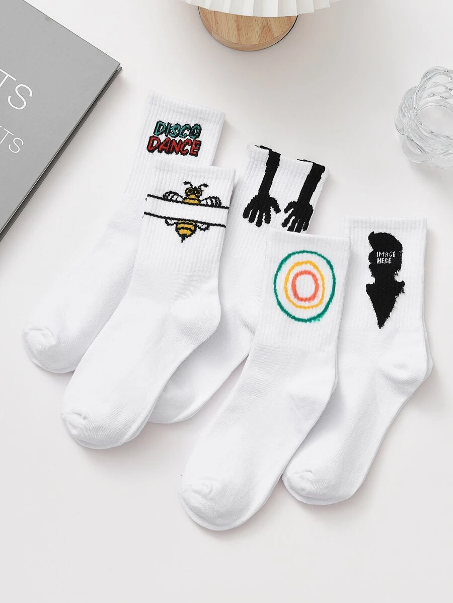 5pairs Men Bee & Letter Graphic Crew Socks - Multicolor - View 1
