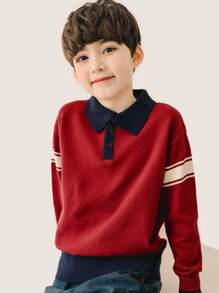 CUNYI Boys Contrast Polo Neck Drop Shoulder Jumper - Burgundy - View 1