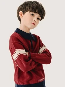 CUNYI Boys Contrast Polo Neck Drop Shoulder Jumper - Burgundy - View 5