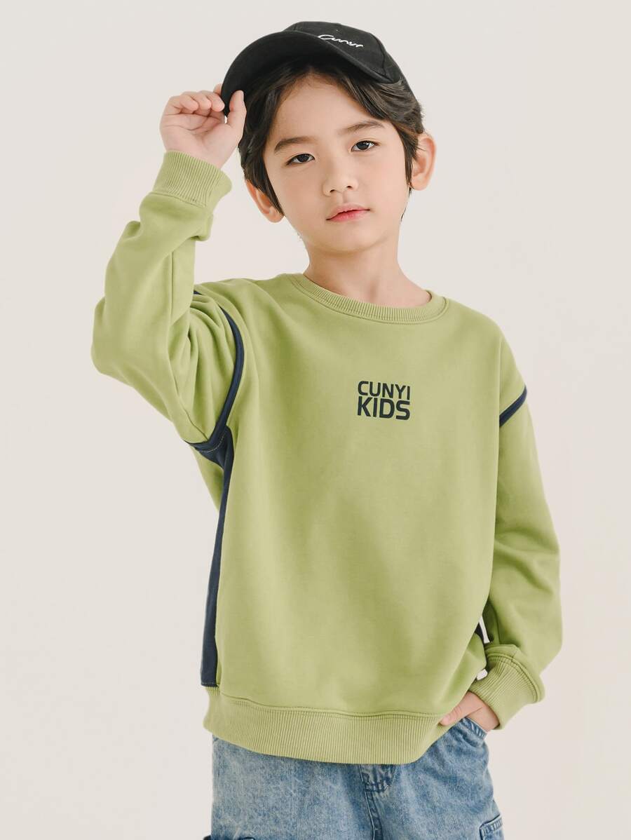 Niños Pullover con estampado de letra de hombros caídos - Verde Lima - Ver 1