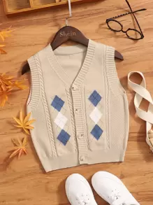 SHEIN Chàng trai trẻ Họa tiết Argyle Xoắn Dan Áo nịt ngực Vest - Màu Khaki - Xem 1