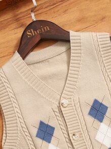 SHEIN Chàng trai trẻ Họa tiết Argyle Xoắn Dan Áo nịt ngực Vest - Màu Khaki - Xem 3