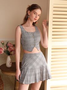SHEIN MOD Plaid Print Button Front Blazer Vest & Pleated Hem Skirt - Multicolor - View 1