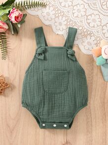 男嬰補丁貼口袋紋理質感結飾背帶連體衣 - 墨綠色 - 查看 1
