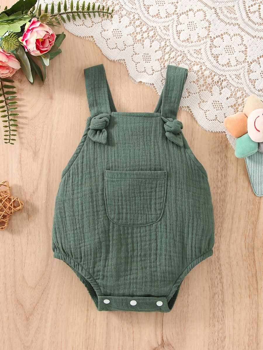 男嬰補丁貼口袋紋理質感結飾背帶連體衣 - 墨綠色 - 查看 1