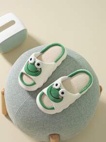 Pantuflas de la novedad de la decoración de la rana de la historieta de las mujeres, pantuflas caseras preppy del dedo del pie abierto - Beis - Ver 1