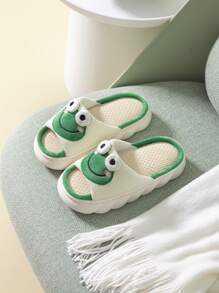 Pantuflas de la novedad de la decoración de la rana de la historieta de las mujeres, pantuflas caseras preppy del dedo del pie abierto - Beis - Ver 2