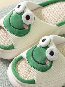 Pantuflas de la novedad de la decoración de la rana de la historieta de las mujeres, pantuflas caseras preppy del dedo del pie abierto - Beis - Ver 3