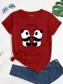 INAWLY Camiseta panda con con estampado de corazón - Burdeos - Ver 1
