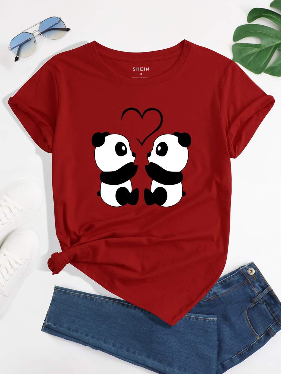 INAWLY Camiseta panda con con estampado de corazón - Burdeos - Ver 1