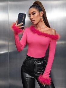 Asymmetrical Neck Fuzzy Trim Crop Tee - Hot Pink - View 1