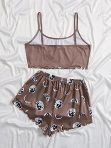 Moon Print Lettuce Trim Pyjama Set - Mocha Brown - View 2