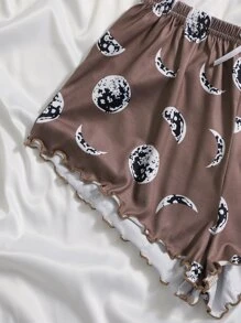Moon Print Lettuce Trim Pyjama Set - Mocha Brown - View 3