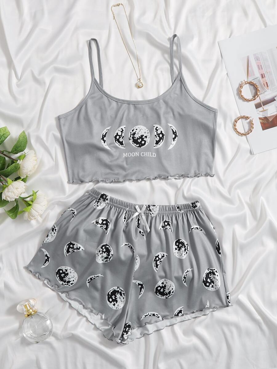 Moon & Letter Print Lettuce Trim Pyjama Set - Light Grey - View 1