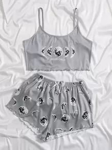 Moon & Letter Print Lettuce Trim Pyjama Set - Light Grey - View 3