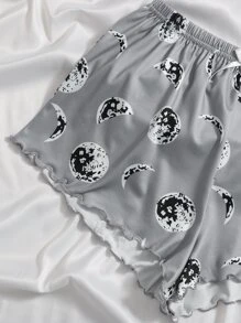 Moon & Letter Print Lettuce Trim Pyjama Set - Light Grey - View 4