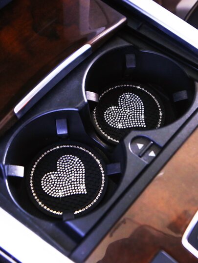 2pcs Rhinestone Heart Decor Car Coaster
