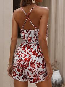 Floral Print Crisscross Back Romper - Red and White - View 2