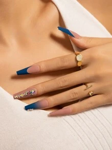 轉換你指甲片帶24入組長款棺材藍色法語漸層水鑽假指甲和1入組指甲銼和1張膠帶 - 彩色 - 查看 4