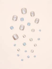 Upgrade Your Look with 24pcs Short Square Blue Solid Sequins Fake Toenail & 1pc Nail File & 1sheet Tape - Multicolor - View 5