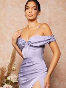 SHEIN Belle 挖肩高開叉緞面伴娘洋裝