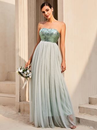 LOVE&LEMONADE 亮片拼接網紗抹胸正式連衣裙