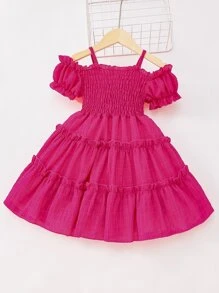 SHEIN Váy lệch vai sang trọng và thanh lịch cho cô gái trẻ với chi tiết xếp nếp, tay áo phồng, thiết kế đan nhiều lớp và chắp vá, vải dệt Jacquard có họa tiết, màu hồng tươi rực rỡ, thích hợp cho các bữa tiệc, du lịch, mặc hàng ngày và kỳ nghỉ vào mùa hè - Màu Hồng Tươi - Xem 2