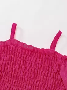 SHEIN Váy lệch vai sang trọng và thanh lịch cho cô gái trẻ với chi tiết xếp nếp, tay áo phồng, thiết kế đan nhiều lớp và chắp vá, vải dệt Jacquard có họa tiết, màu hồng tươi rực rỡ, thích hợp cho các bữa tiệc, du lịch, mặc hàng ngày và kỳ nghỉ vào mùa hè - Màu Hồng Tươi - Xem 3