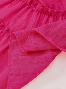 SHEIN Váy lệch vai sang trọng và thanh lịch cho cô gái trẻ với chi tiết xếp nếp, tay áo phồng, thiết kế đan nhiều lớp và chắp vá, vải dệt Jacquard có họa tiết, màu hồng tươi rực rỡ, thích hợp cho các bữa tiệc, du lịch, mặc hàng ngày và kỳ nghỉ vào mùa hè - Màu Hồng Tươi - Xem 5