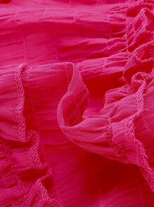 SHEIN Váy lệch vai sang trọng và thanh lịch cho cô gái trẻ với chi tiết xếp nếp, tay áo phồng, thiết kế đan nhiều lớp và chắp vá, vải dệt Jacquard có họa tiết, màu hồng tươi rực rỡ, thích hợp cho các bữa tiệc, du lịch, mặc hàng ngày và kỳ nghỉ vào mùa hè - Màu Hồng Tươi - Xem 6