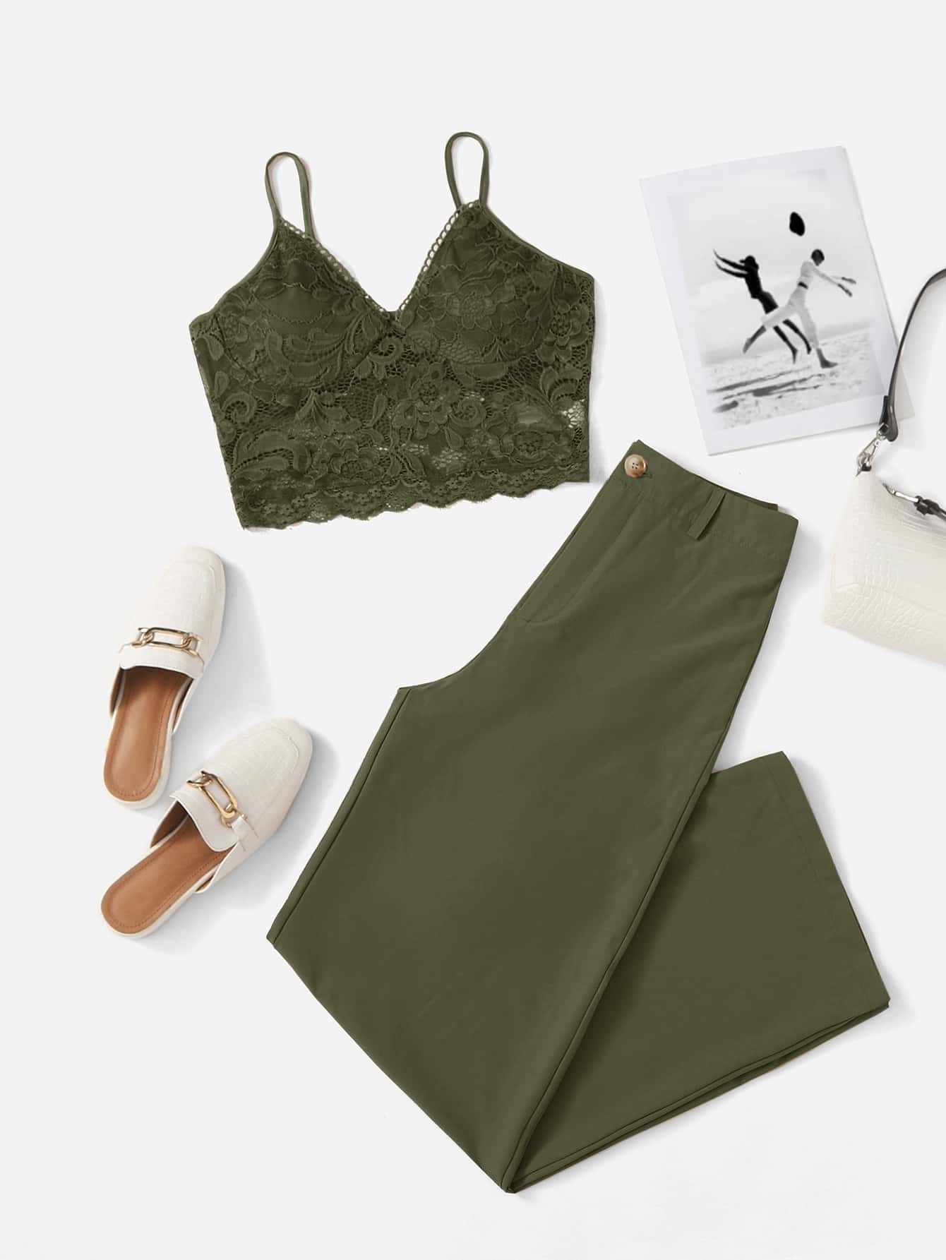 Chiquease Top de tirantes con encaje con pantalones - Verde militar - Ver 1