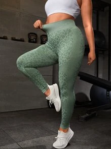 Yoga Basic Plus Leopard Print Wide Waistband Sports Leggings - Army Green - View 1