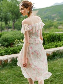 Vestido con estampado floral ribete con fruncido - Multicolor - Ver 2