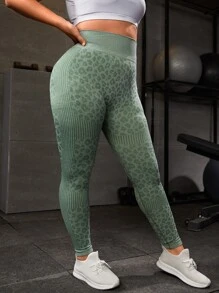 Yoga Basic Plus Leopard Print Wide Waistband Sports Leggings - Army Green - View 5