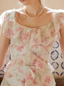 Vestido con estampado floral ribete con fruncido - Multicolor - Ver 6