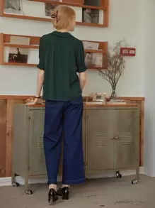 Simple Retro Floral Embroidery Button Front Ruffle Hem Blouse - Dark Green - View 4