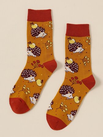 Apple & Hedgehog Pattern Crew Socks, Fall Socks