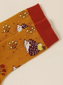 苹果和刺猬图案中筒袜，秋季袜子 - 彩色 - 查看 4