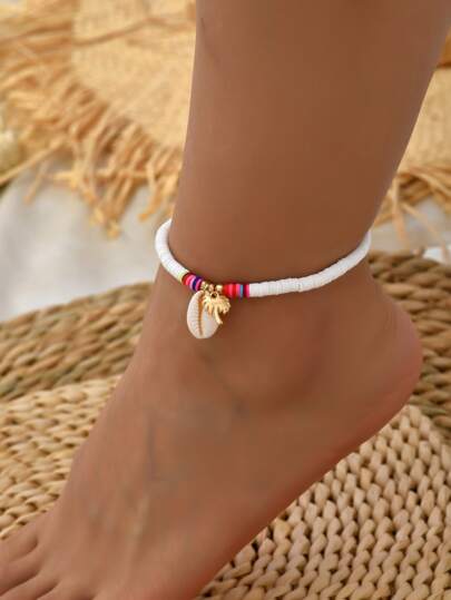 1pc Natural Shell & Coconut Tree Pendant Clay Beaded Anklet, Beach Vacation Style, Suitable For Women's Daily Wear