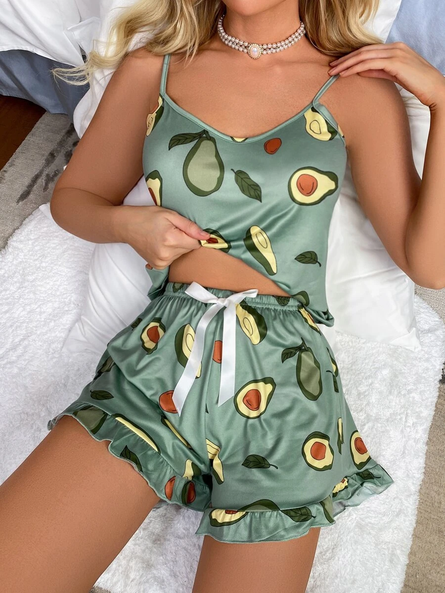 Bộ đồ PJ có in hình trái cây nơ phía trước Ruffle Hem / Bộ đồ ngủ - Màu xanh Bạc hà - Xem 1