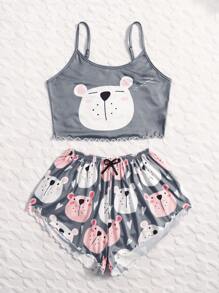 Cartoon Graphic Lettuce Trim Cami Pyjama Set - Grey - View 4